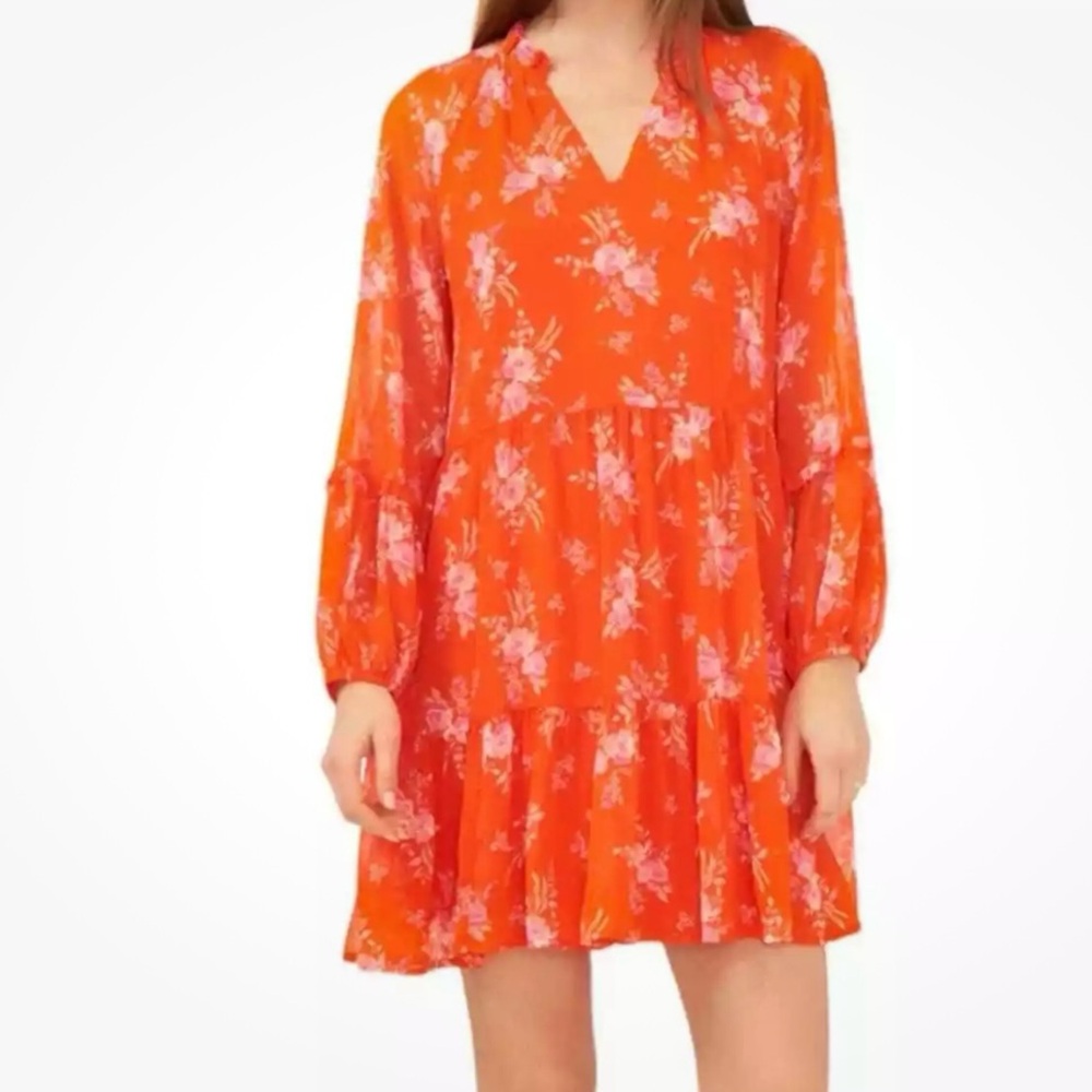 Vince Camuto Bright Orange Floral Long-Sleeve Tiered Dress